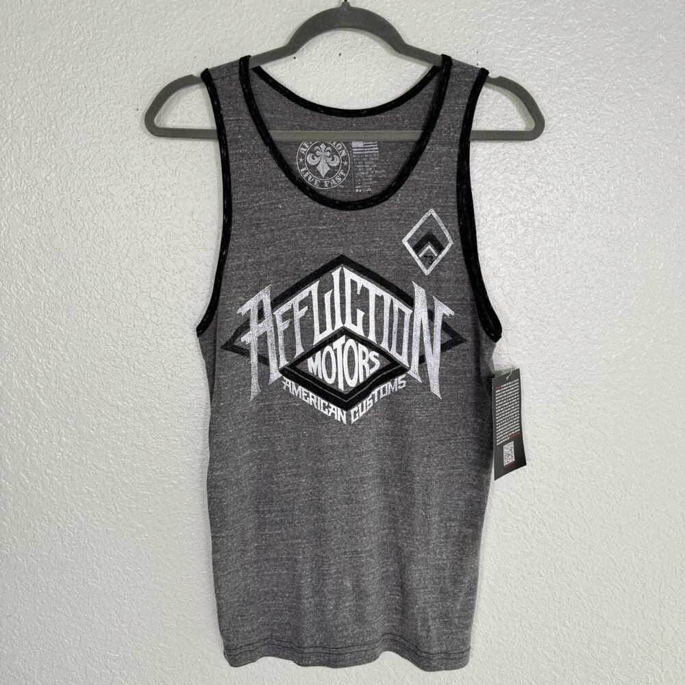 Affliction Tank Mens Small Muscle Shirt American Customs Motors Logo Gray Y2K